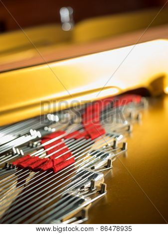 interior of a concert grand piano - shallow depth of field