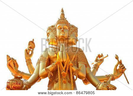 Golden Statue Of Brahma Isolated On White Background, Clipping Path.