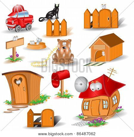 glossy icons cartoon characters house
