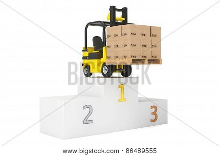 Best Delivering Concet. Forklift Truck With Boxes Over Winners Podium