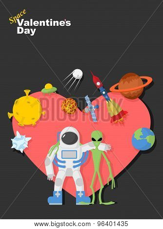 Astronaut And Alien Friends. Valentines Day In Space. Heart Symbol With Cosmic Elements: Spacecraft