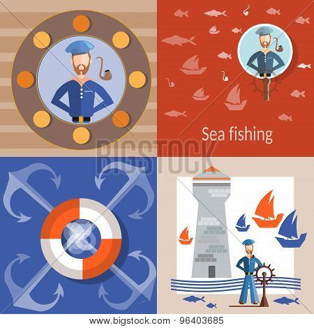 Sea And The Sailor Sea Cruise Lifebuoy Sea Voyage Ship  Lighthouse Vector Illustration