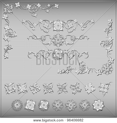 Set of silver floral vintage vector design elements