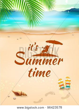Summer Time On Background Seascape, Beach, Waves With Realistic Objects. Vector Illustration