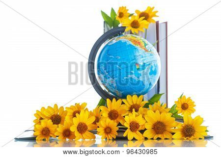 Globe With Books And Flowers