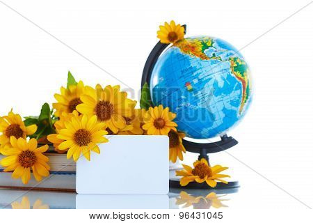 Globe With Books And Flowers
