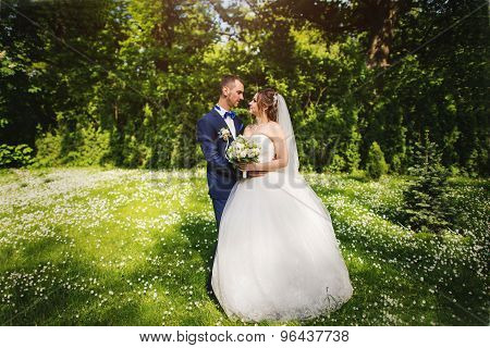 Young Lovely And Cheerfull Wedding Couple Walking At The Park
