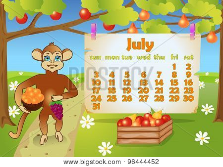 Calendar 2016 year with Monkey. July