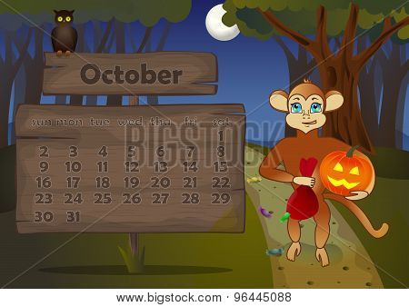 Calendar 2016 year with Monkey. October