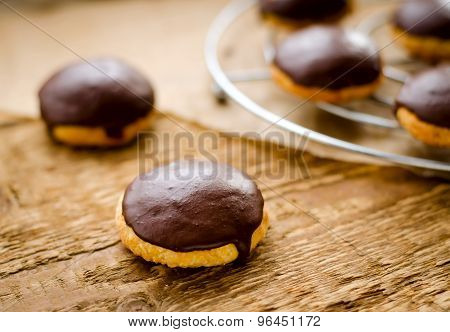 Cookies covered with dark chocolate glaze