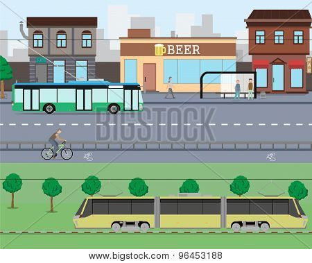 View on city streets with heavy traffic and shops. Vector illustration