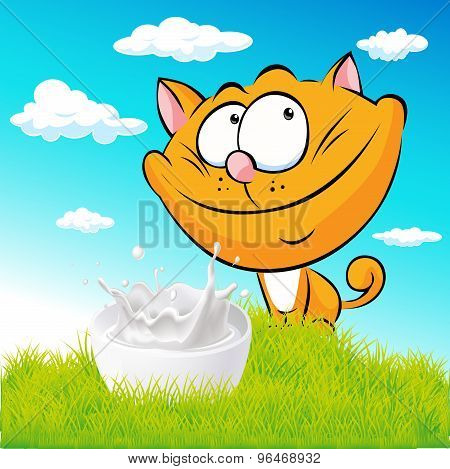 Cute Ginger Cat Sitting On Green Grass With Milk - Vector Cartoon