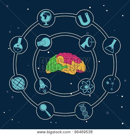 Colorful illustration of human brain with different science symbols on blue background.