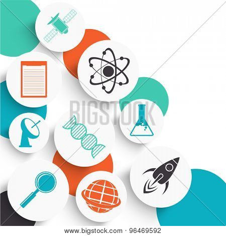 Set of shiny signs and symbols for science on colorful abstract background, can be used as sticker, tag or label design.