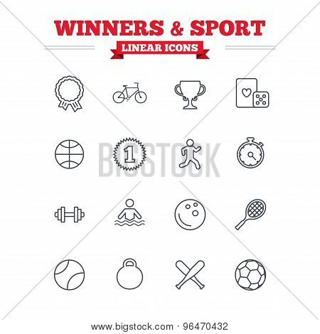 Winners and sport linear icons set. Thin outline signs. Vector