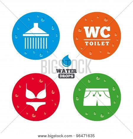 Swimming pool icons. Shower and swimwear signs.