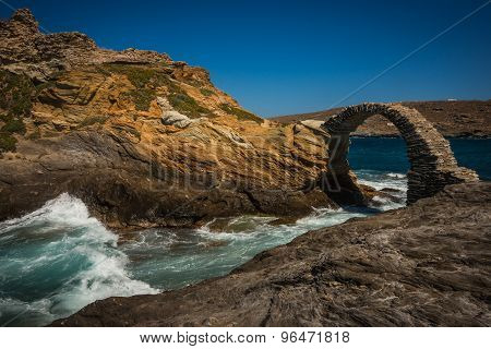 Ancient Bridge To Small Island Near The Town Of Andros, Andros, Greece