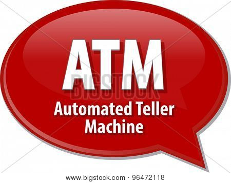 Speech bubble illustration of information technology acronym abbreviation term definition ATM Automated Teller Machine