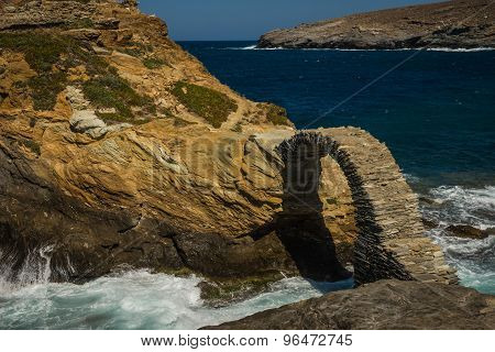 Ancient Bridge To Small Island Near The Town Of Andros, Andros, Greece