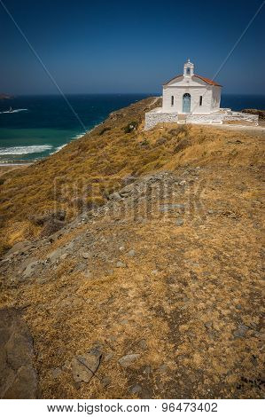 Small Church And Sea Landscape Near  Town Of Andros