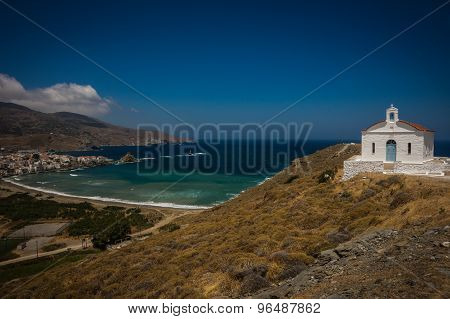Small Church And Sea Landscape Near  Town Of Andros
