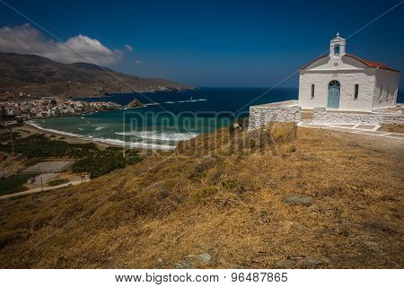 Small Church And Sea Landscape Near  Town Of Andros