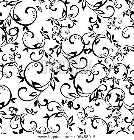 Branchers Leaves Swirls Vingate Black and White Seamless Pattern