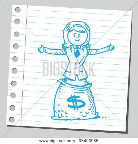 Businesswoman standing in money bag