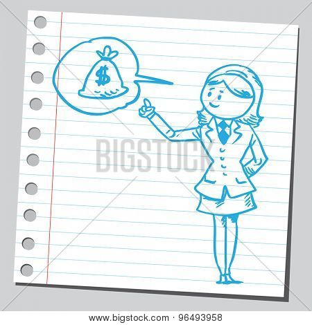 Businesswoman speaking money bag