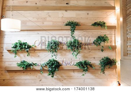 Beautiful rustic wedding decor, wooden walls with greenery
