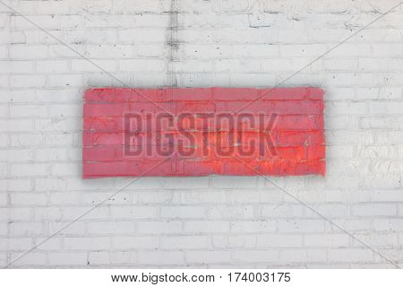 White brick wall with a red rectangle in the center. Art background. Fence. The wall.