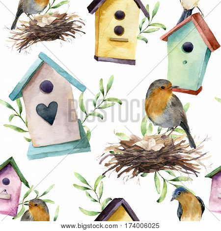 Watercolor pattern with bird, birdhouse, nest with eggs and greenery. Hand painted spring ornament with nesting box and herb branch isolated on white background. For design, print, fabric.