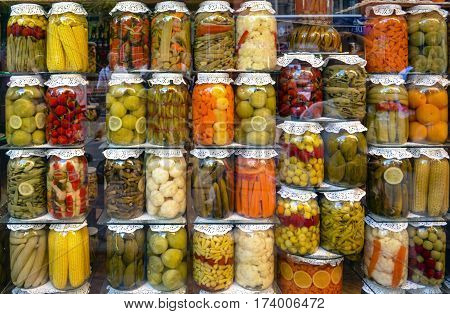 Tursu Turkish pickled vegetables and fruits neatly arranged in jars in a market in Istanbul Turkey