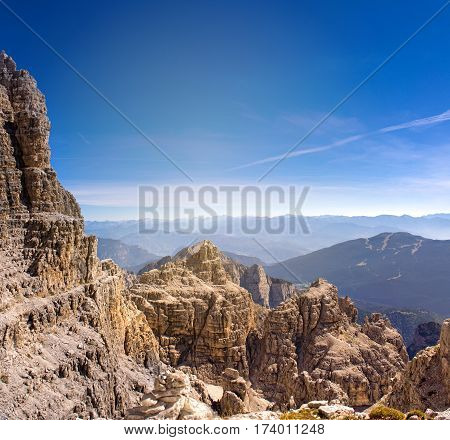 Sunny morning in the dolomites. Alps. Climber.
