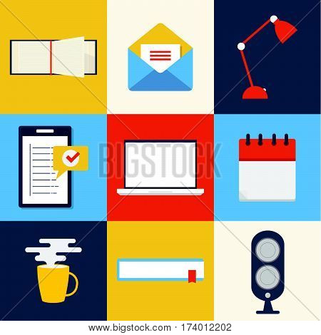 Office icons tools and stationery set: lap top, envelope, lamp, tablet, calendar icon, cup of coffee or tea, musical speaker, book and open notebook.
Base for your business. Education illustration
