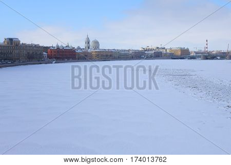 Winter Day Small Nevka and Makarova Embankment in St. Petersburg