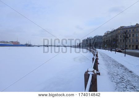 Winter Day Small Nevka and Makarova Embankment in St. Petersburg