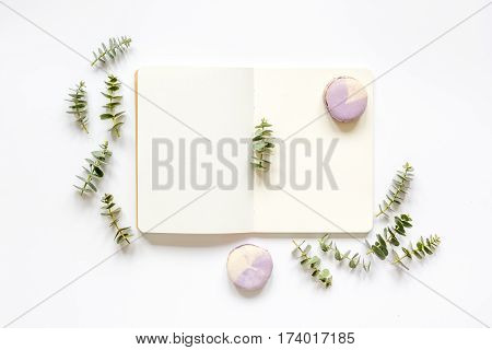 Spring trandy design with lavander macaroons, copybook and eucalyptus on white background top view mockup