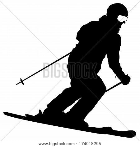 Mountain skier speeding down slope. Vector sport silhouette.