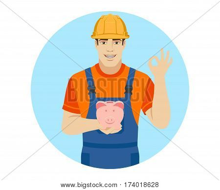 Builder holding a piggy bank and showing a okay hand sign. Portrait of builder in a flat style. Vector illustration.