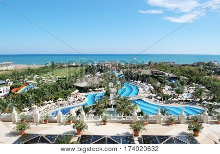 Antalya Turkey - May 31 2015: Beautiful panorama of the territory with view the pools and the sea in the Turkish hotel Royal Holiday Palace.