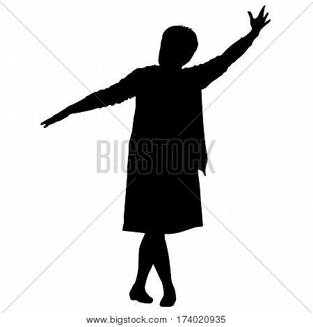 Black silhouettes woman lifted his hand on white background. Vector illustration.
