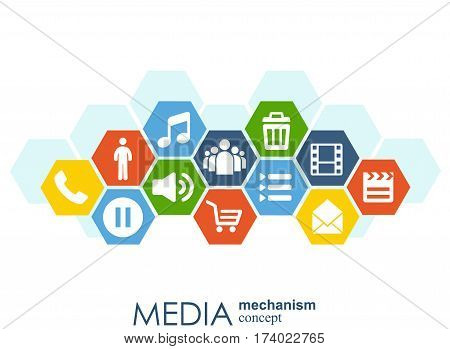 Media mechanism concept. Growth abstract background with integrated meta balls, integrated icon for digital, strategy, internet, network, connect, communicate, technology, global concepts