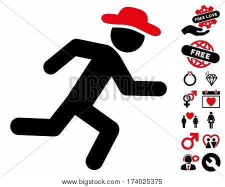 Running Gentleman pictograph with bonus decorative images. Vector illustration style is flat iconic intensive red and black symbols on white background.