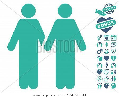 Adult Friends icon with bonus amour pictograms. Vector illustration style is flat iconic cobalt and cyan symbols on white background.