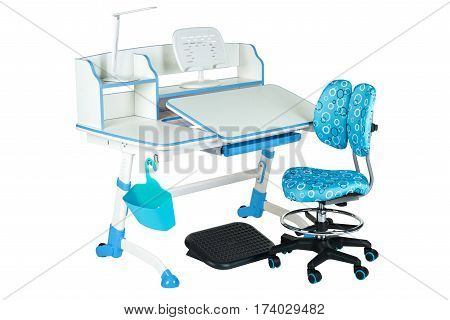 Blue chair school table blue basket desk lamp and black support under legs on the white isolated background.