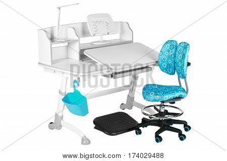 Blue chair gray school table blue basket desk lamp and black support under legs on the white isolated background.