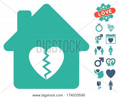 Divorce House Heart icon with bonus romantic pictures. Vector illustration style is flat iconic cobalt and cyan symbols on white background.