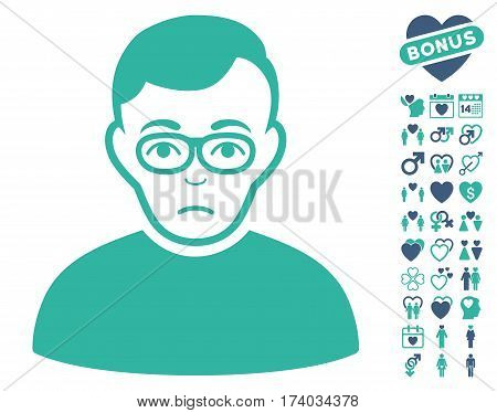 Downer pictograph with bonus valentine pictograph collection. Vector illustration style is flat iconic cobalt and cyan symbols on white background.