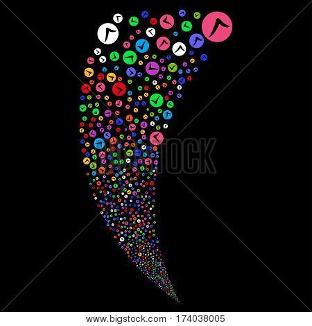 Apply random fireworks stream. Vector illustration style is flat bright multicolored iconic symbols on a black background. Object fountain constructed from scattered pictographs.